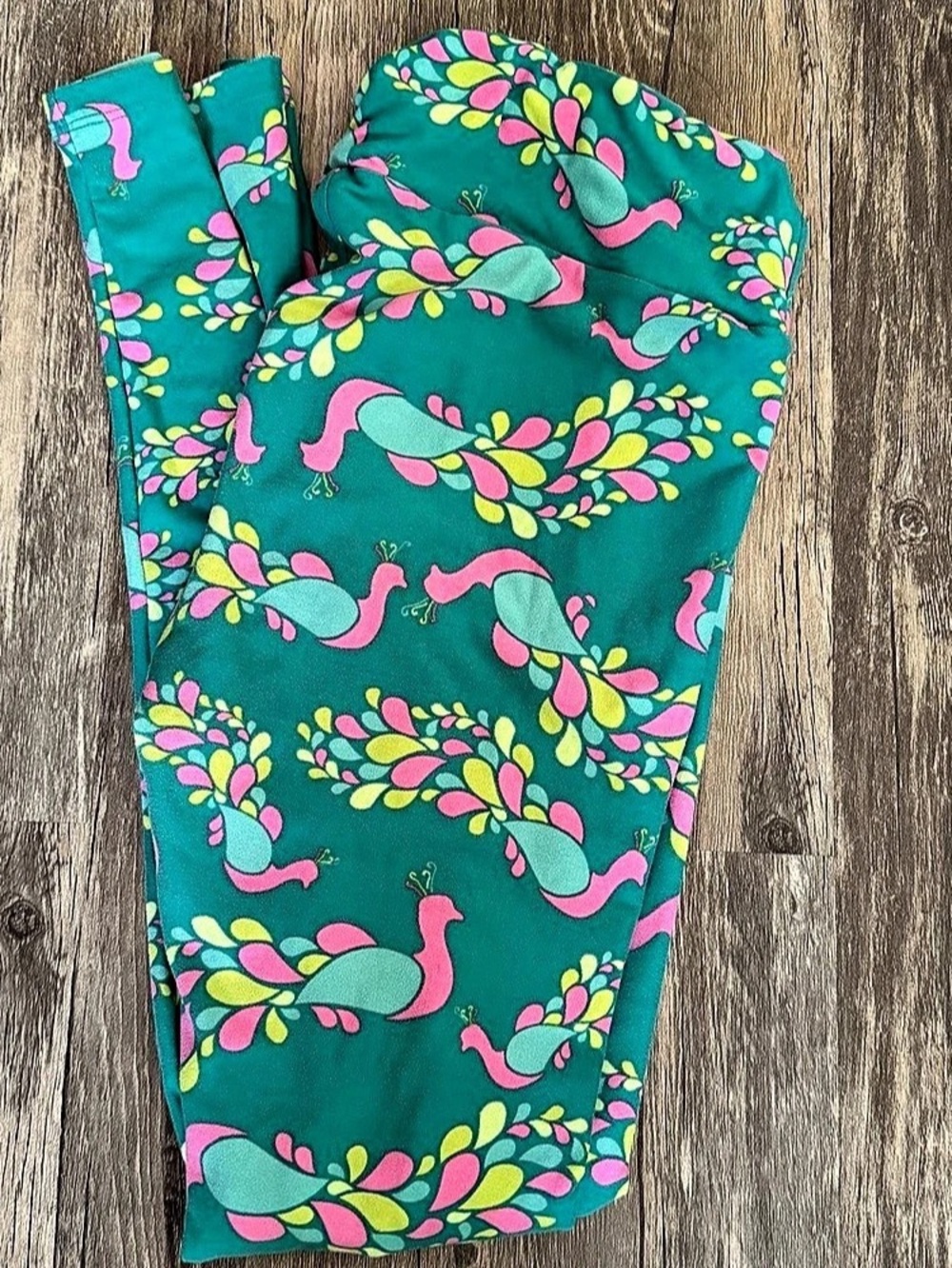 Lularoe Printed Leggings - Peacock Motif Peacock Floral Leggings Green & Pink